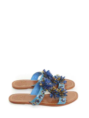 Sandales plates en cuir bleu brodé de bijoux dorée et bleu Prix boutique 450€ Taille 37 — photo 2