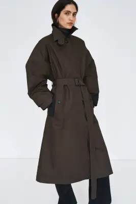 Manteau en twill avec ceinture - Taupe foncé — photo 2