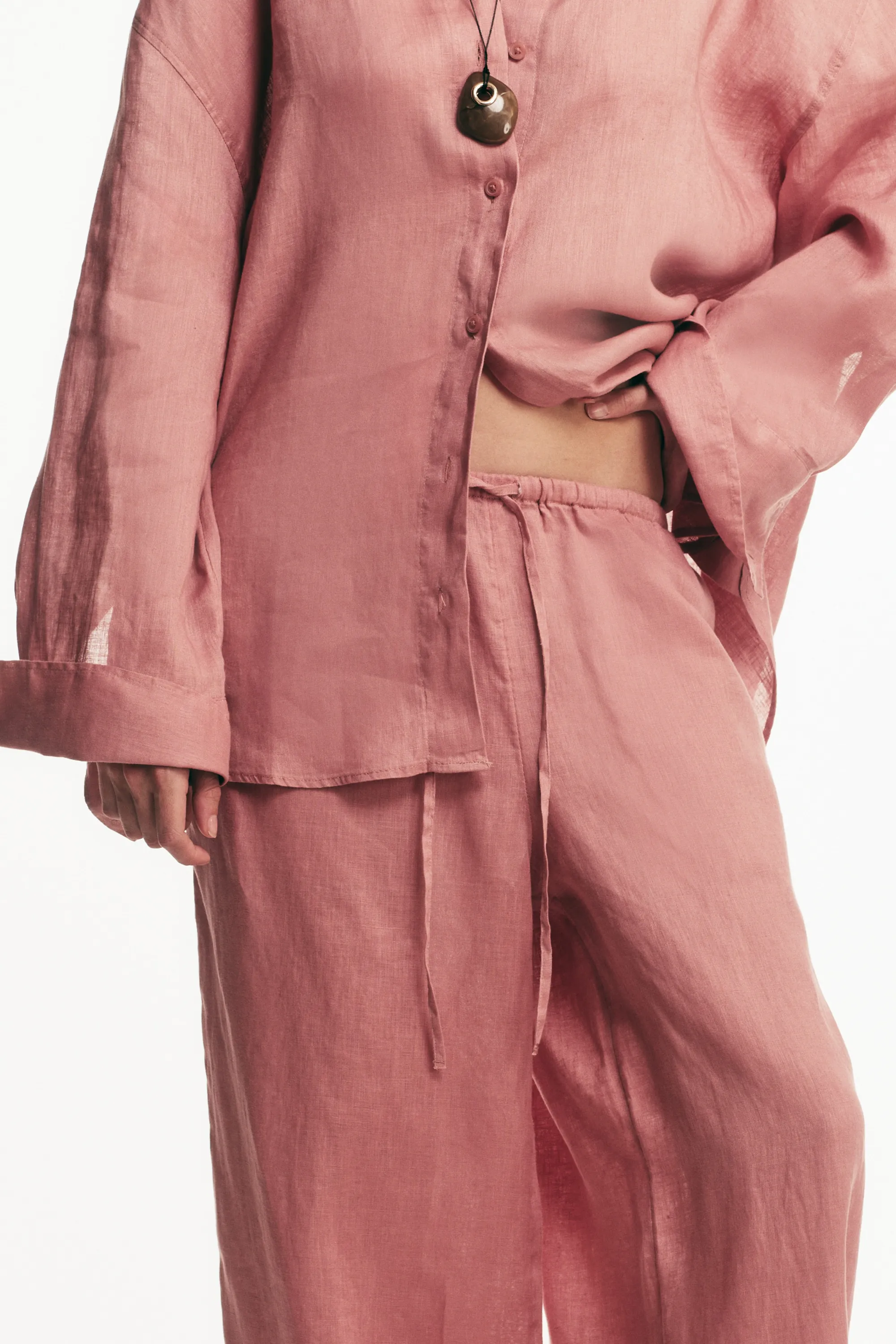 Pantalon en lin avec cordon de serrage - Rose ancien