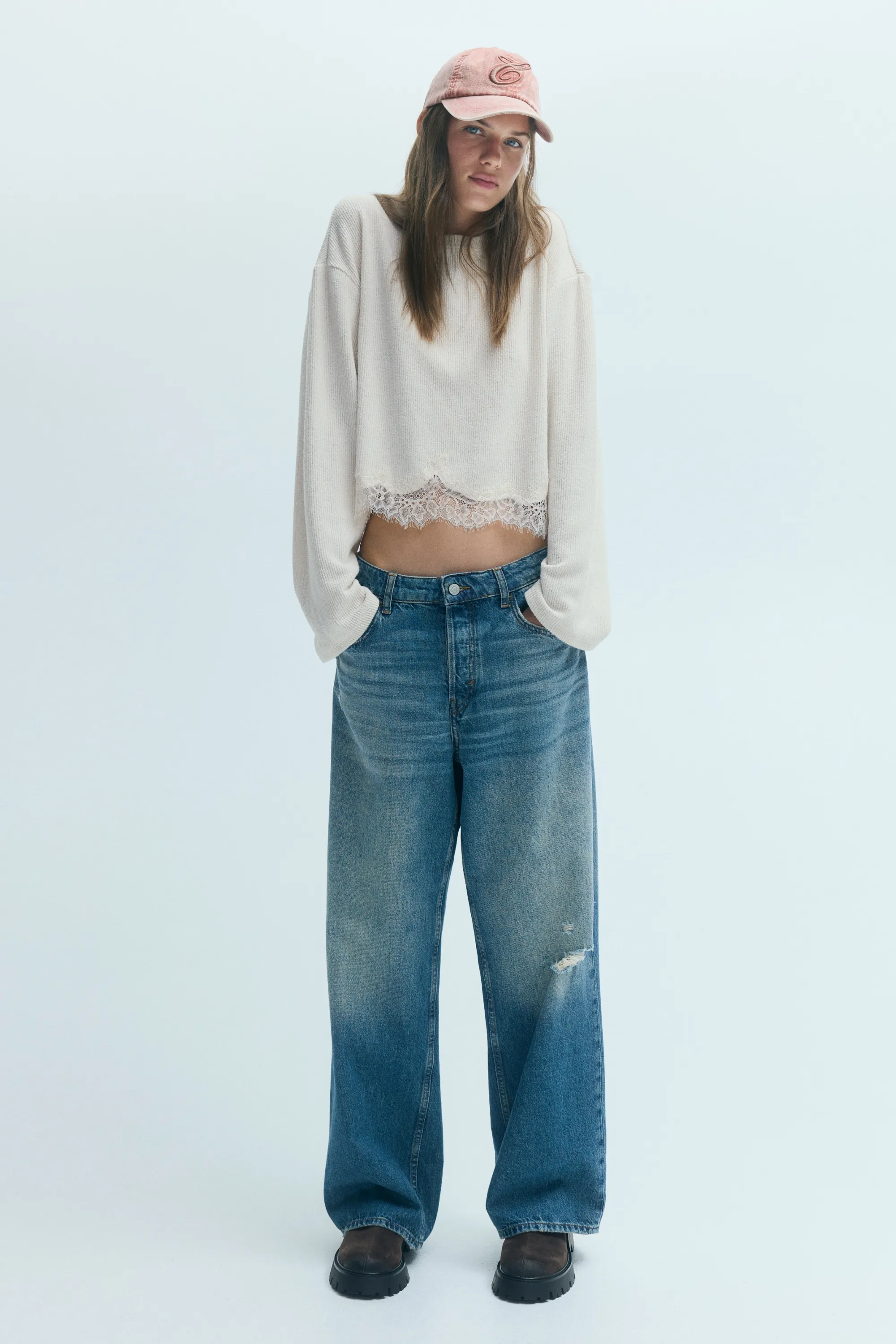 Top loose avec dentelle - Beige ancien clair