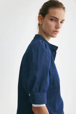 Blouse à manches bouffantes - Bleu denim foncé — photo 2