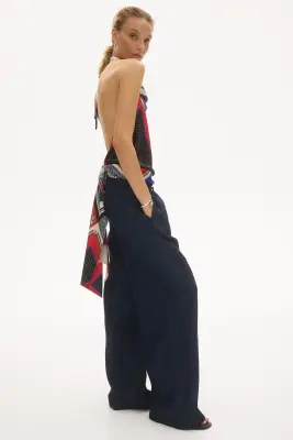 Wide paper bag trousers - Bleu denim foncé — photo 3