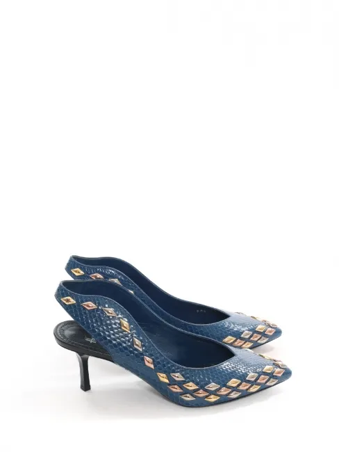Escarpins GOLD RUSH en cuir python bleu et studs dorés argent Prix boutique 1410€ Taille 37