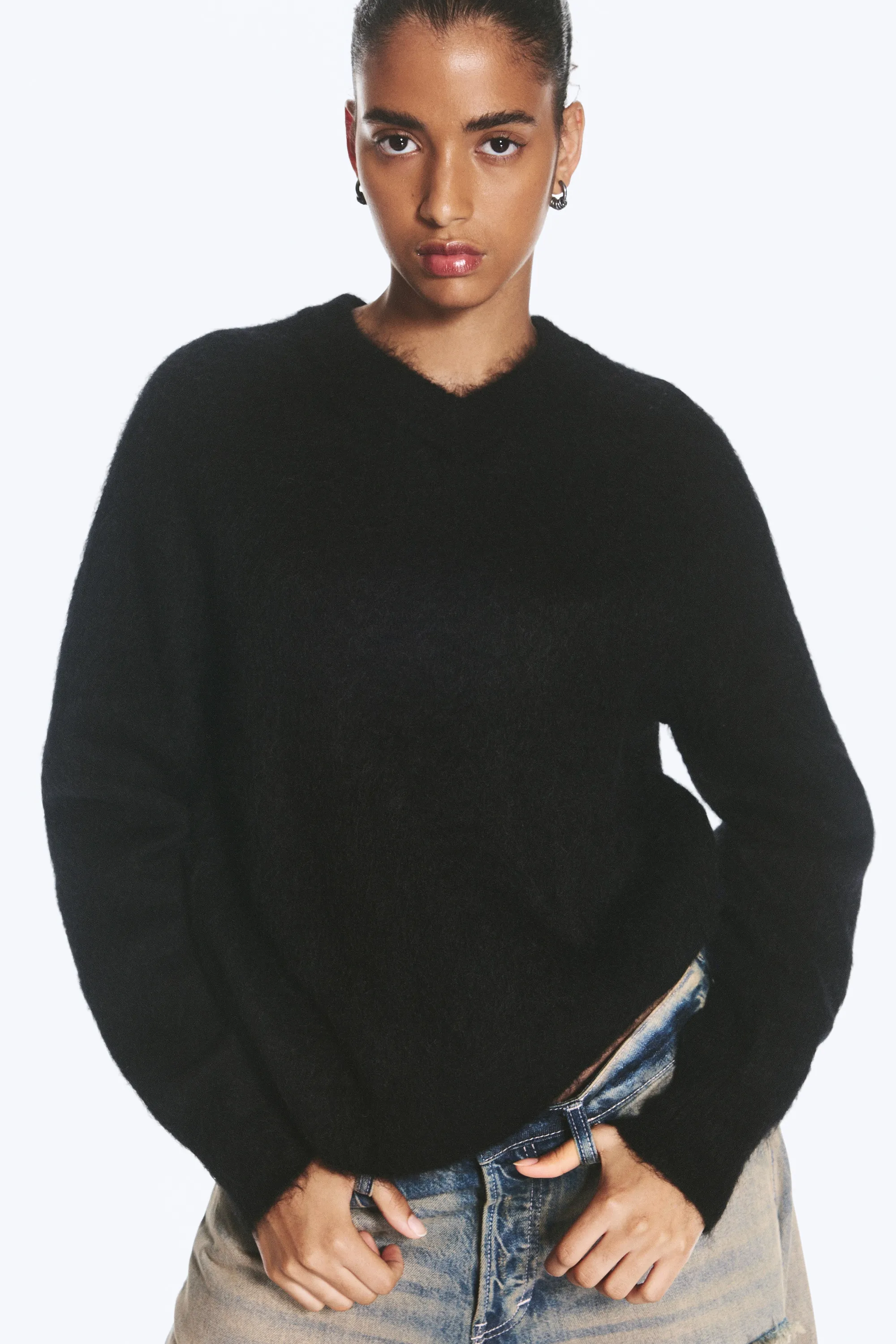 Pull col en V en maille mélangée de mohair - Noir