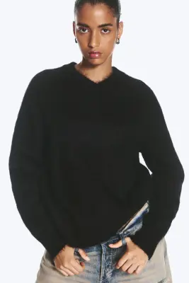 Pull col en V en maille mélangée de mohair - Noir — photo 1