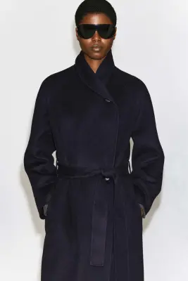 MANTEAU LONG EN LAINE DOUBLE FACE À COL CHÂLE - BLEU MARINE — photo 2