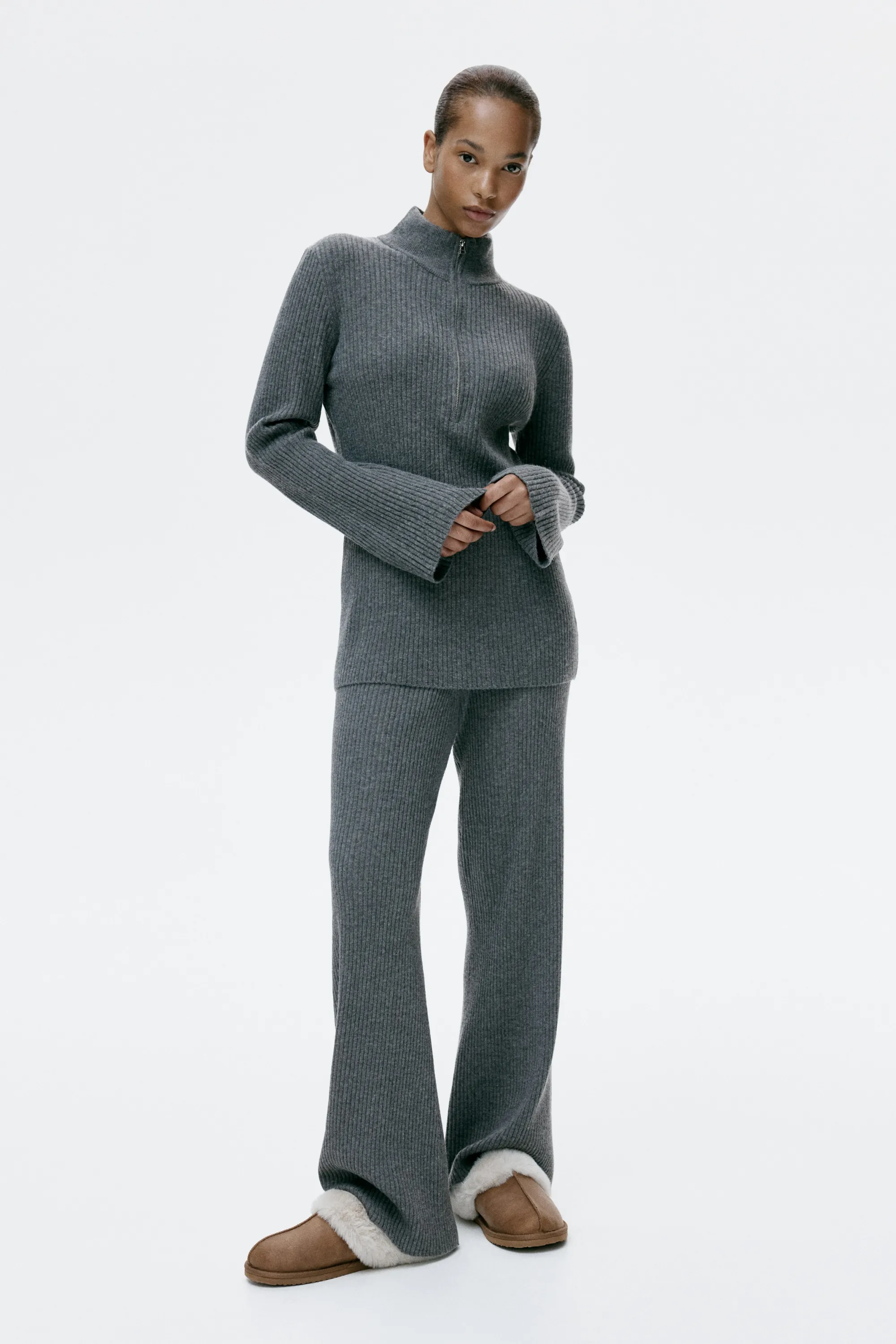 Pull en maille côtelée avec col zippé - Gris chiné