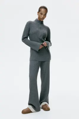 Pull en maille côtelée avec col zippé - Gris chiné — photo 1