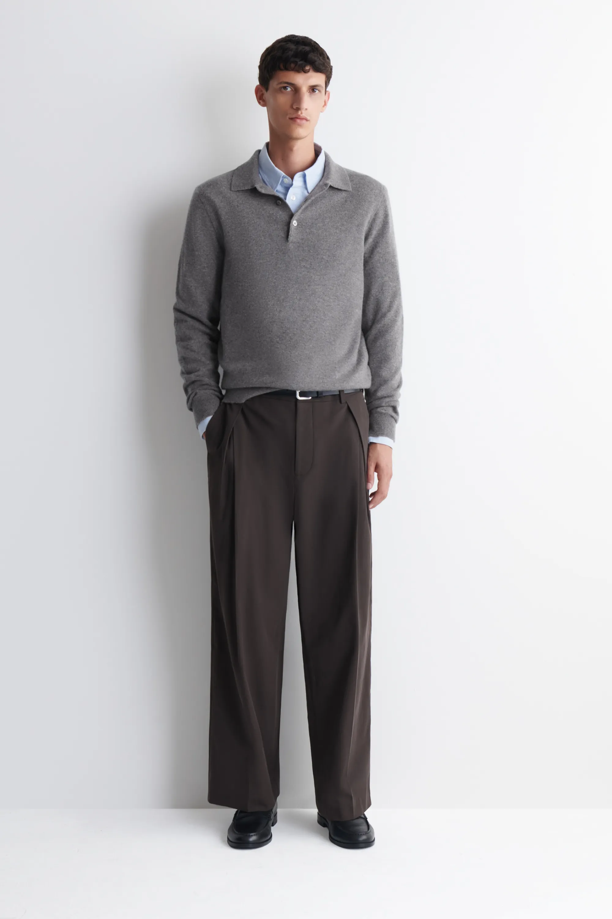 PULL EN CACHEMIRE À COL POLO - GRIS CHINÉ