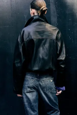 Veste oversize en cuir à col cheminée - Noir — photo 3