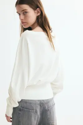 Pull en maille fine à manches chauve-souris - Crème — photo 4