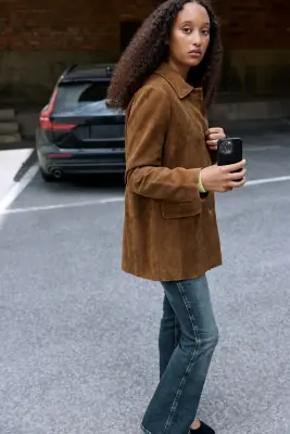 Veste en cuir suédé - Marron poudré — photo 3