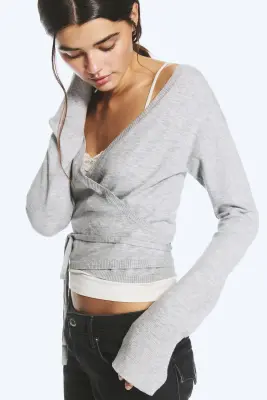 Cardigan cache-cœur en maille col V - Gris chiné — photo 2
