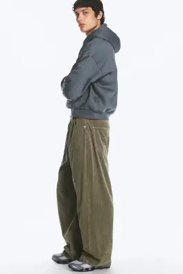 Pantalon baggy plissé en velours côtelé - Vert kaki — photo 2