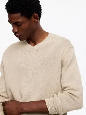 Pull à col en V en lin et coton - Beige — photo 4
