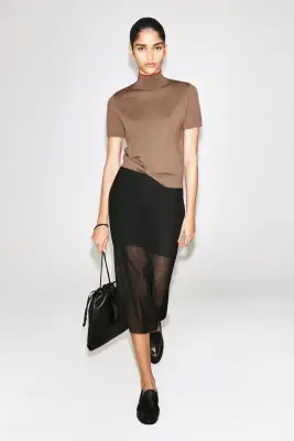 TOP À COL MONTANT EN LAINE MÉRINOS - BEIGE CHINÉ / ROUGE — photo 2