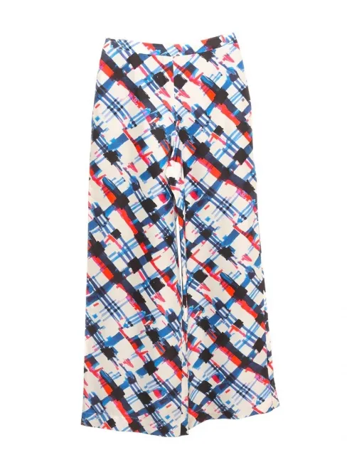 Pantalon en soie imprimé graphique multicolore rouge blanc bleu Prix boutique 2000€ Taille 36