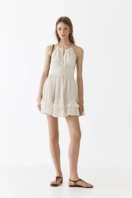 Robe en lin mélangé avec jupe évasée - Beige clair — photo 1