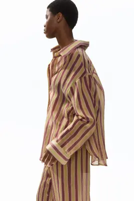 Chemise oversize en lyocell mélangé - Beige foncé/rayé — photo 3