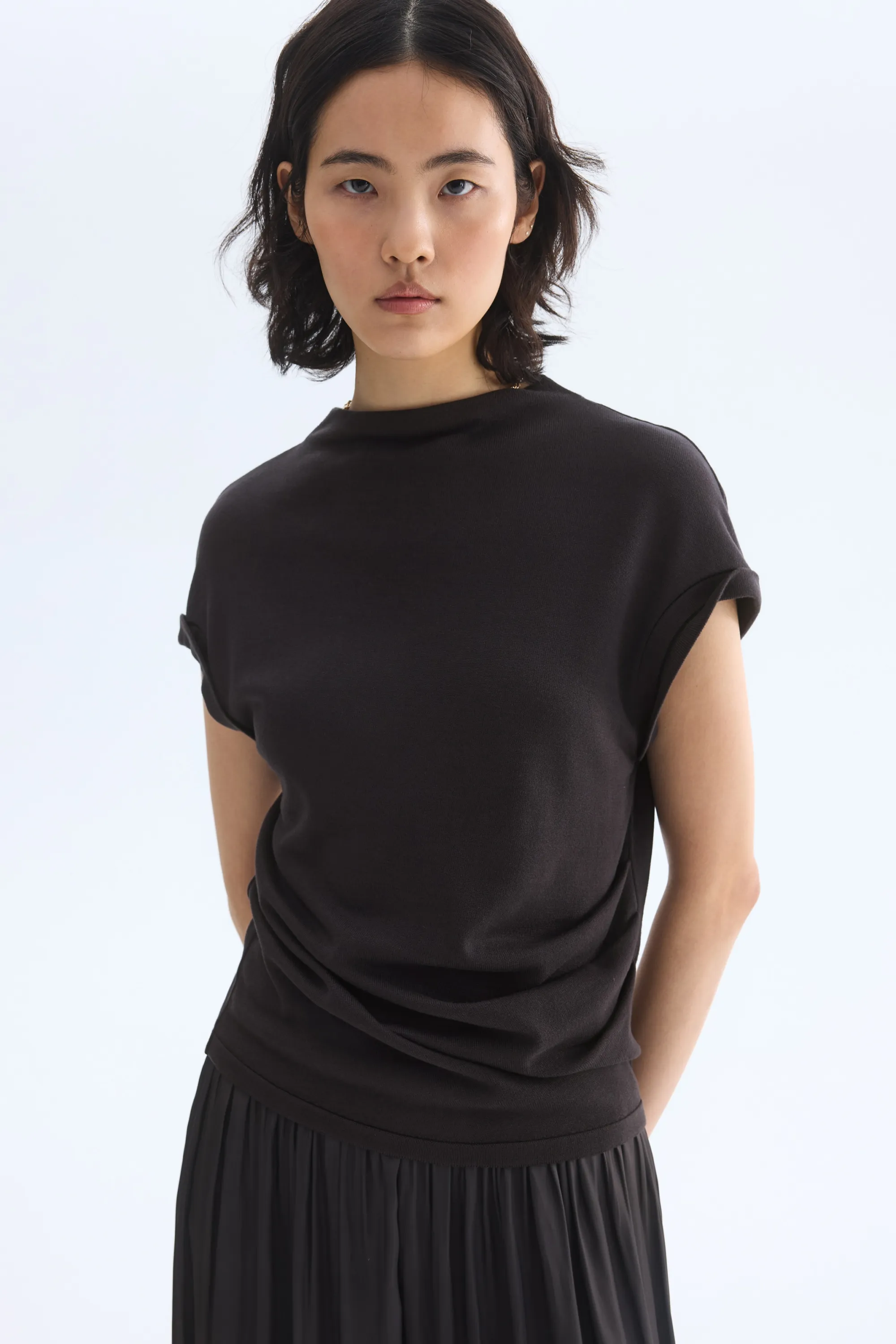 Top à effet drapé en maille fine - Marron foncé
