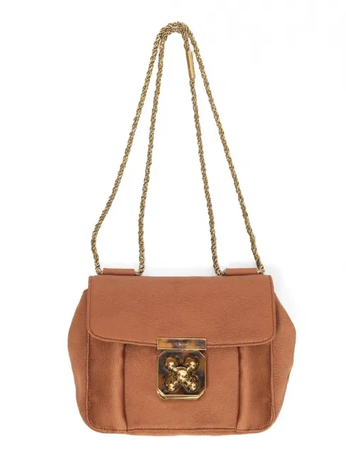 Sac à bandoulière ELSIE small en tissu marron cuivré, cuir noir et fermoir bijoux pierre Prix boutique 1400€