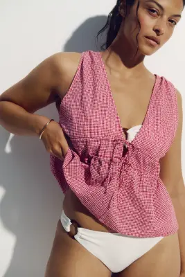 Top de plage en coton avec liens à nouer - Rouge/vichy — photo 2