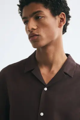 Chemise Relaxed Fit en lin mélangé avec col cubain - Marron foncé — photo 1