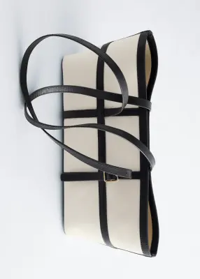 Sac porté épaule en toile à finitions en cuir - Écru/Noir — photo 1