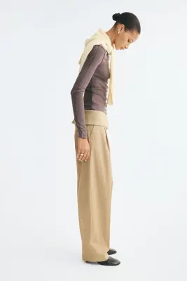 Pantalon en coton avec ceinture repliée - Beige — photo 2