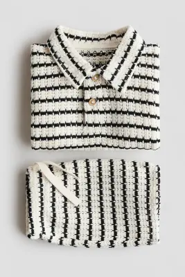 Ensemble 2 pièces en maille de coton ajourée - Crème/rayures noires — photo 4