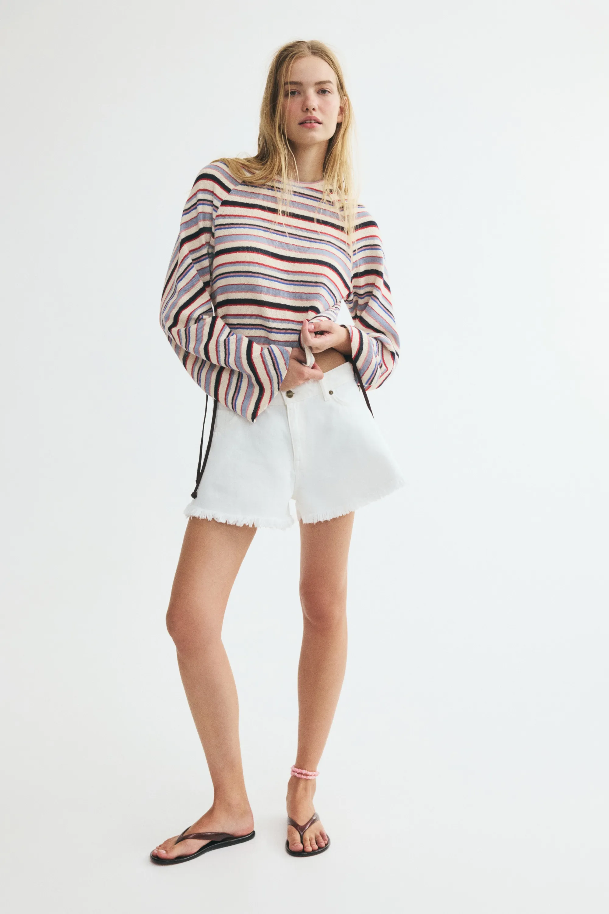Top à manches longues en maille - Beige clair/rayé