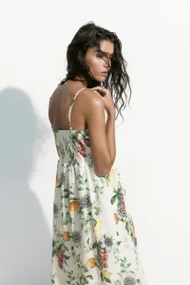 Robe midi à bretelles fines - Blanc/pêches — photo 3