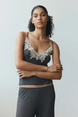 Pyjama en jersey avec dentelle - Gris foncé/crème — photo 2