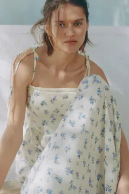 Robe en coton avec bretelles à nouer - Jaune clair/fleuri — photo 2
