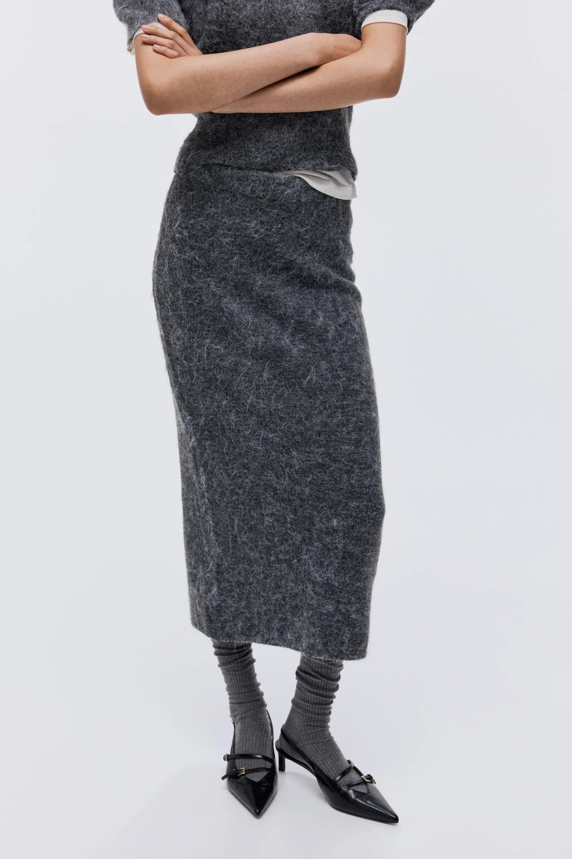 Jupe midi en maille - Gris foncé chiné