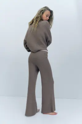 Pantalon large en maille côtelée - Grège — photo 3