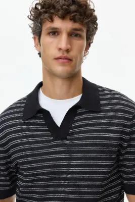 Polo Regular Fit en lin mélangé - Noir/rayé — photo 1
