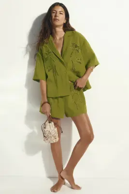 Short avec broderie anglaise - Vert — photo 2