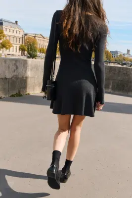 Robe en maille côtelée avec jupe évasée - Gris foncé — photo 3