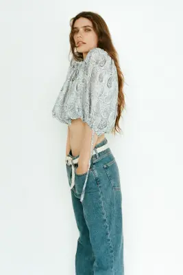 Blouse oversize avec liens à nouer - Bleu clair/motif cachemire — photo 2