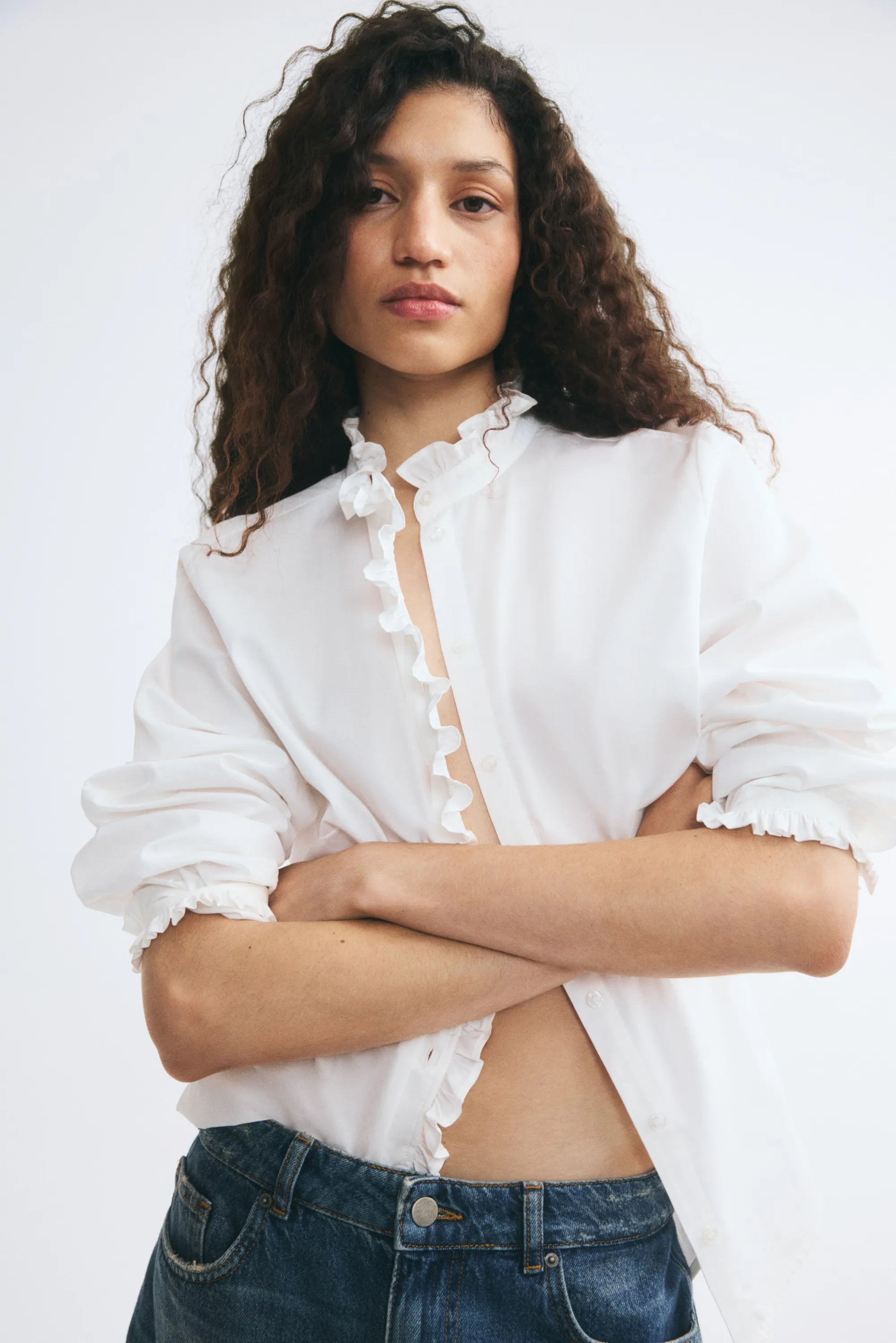 Blouse volantée à boutons - Blanc