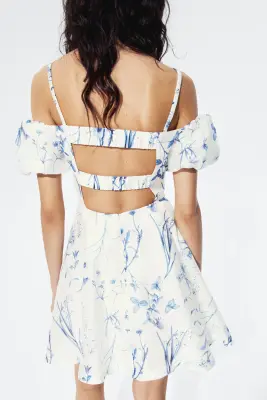 Robe épaules dénudées en lin mélangé - Blanc/fleuri — photo 2