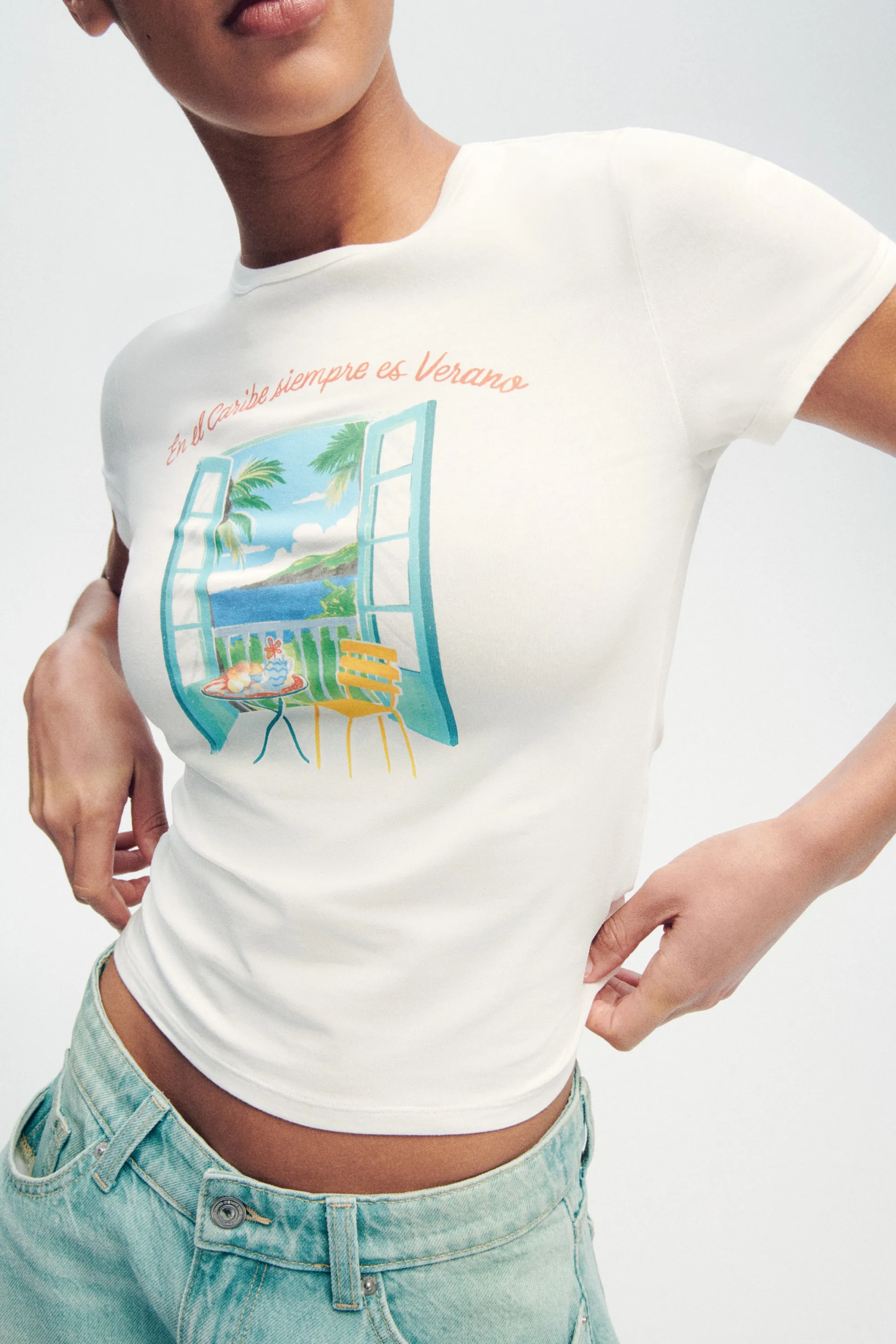T-shirt ajusté en coton - Blanc/Caribe
