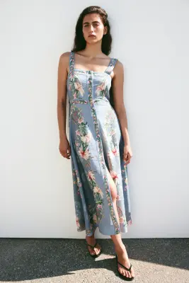 Robe en viscose mélangée avec bretelles à nouer - Bleu ancien/fleuri — photo 2
