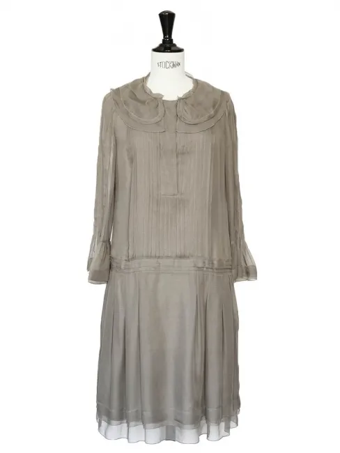 Robe en mousseline de soie plissée kaki clair NEUVE Px boutique 3212€ Taille 34