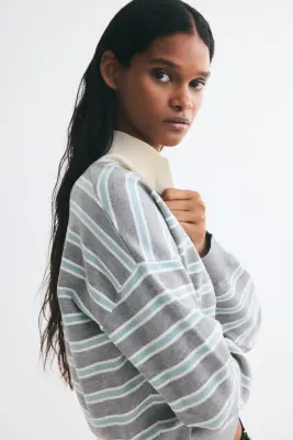 Polo en maille fine - Gris clair chiné/rayé — photo 2