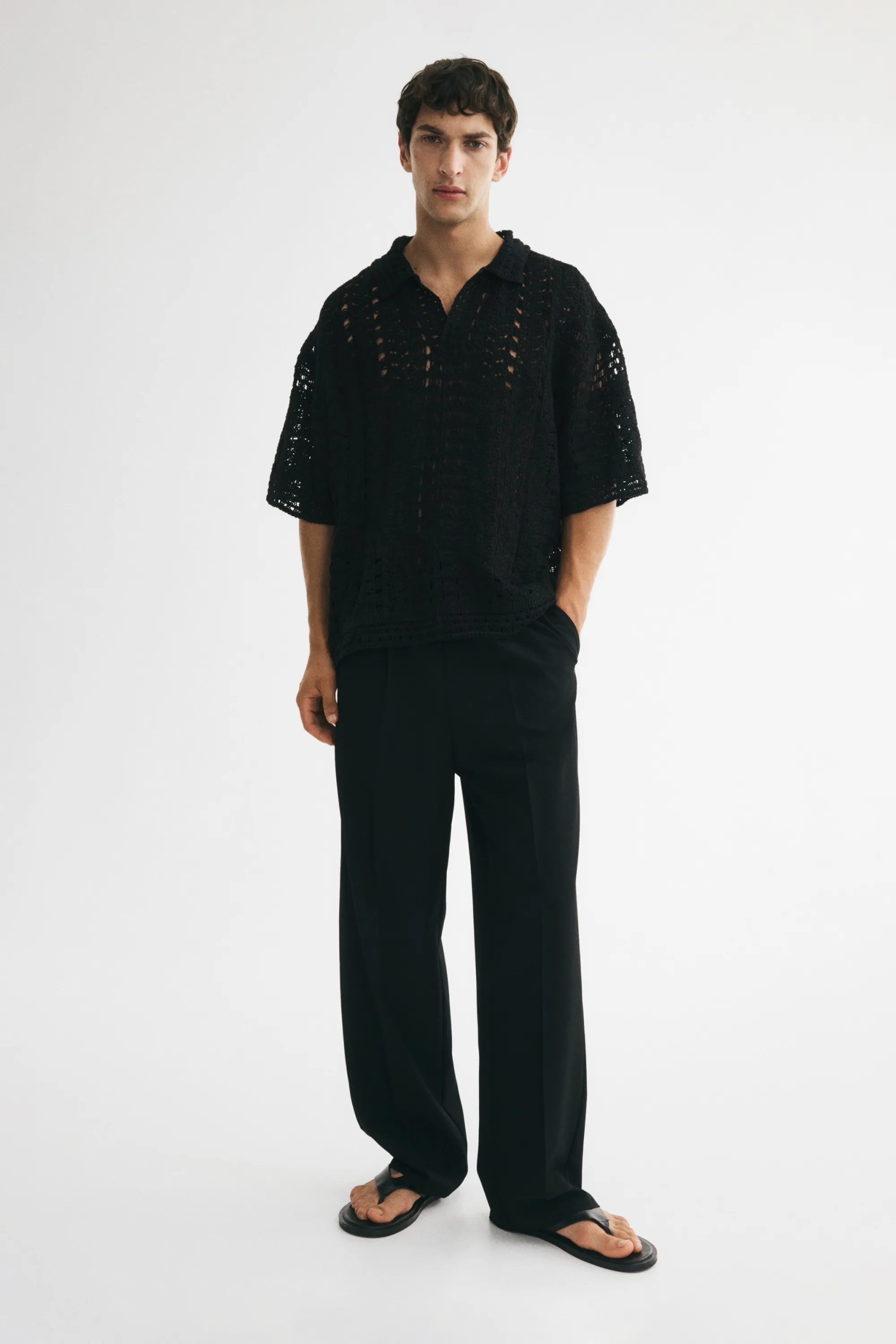 Relaxed Fit Crochet-look polo shirt - Noir