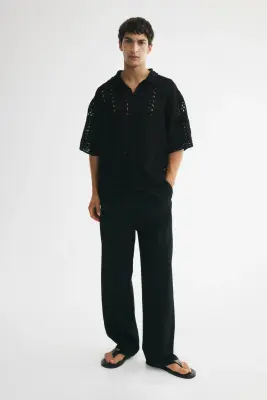 Relaxed Fit Crochet-look polo shirt - Noir — photo 1
