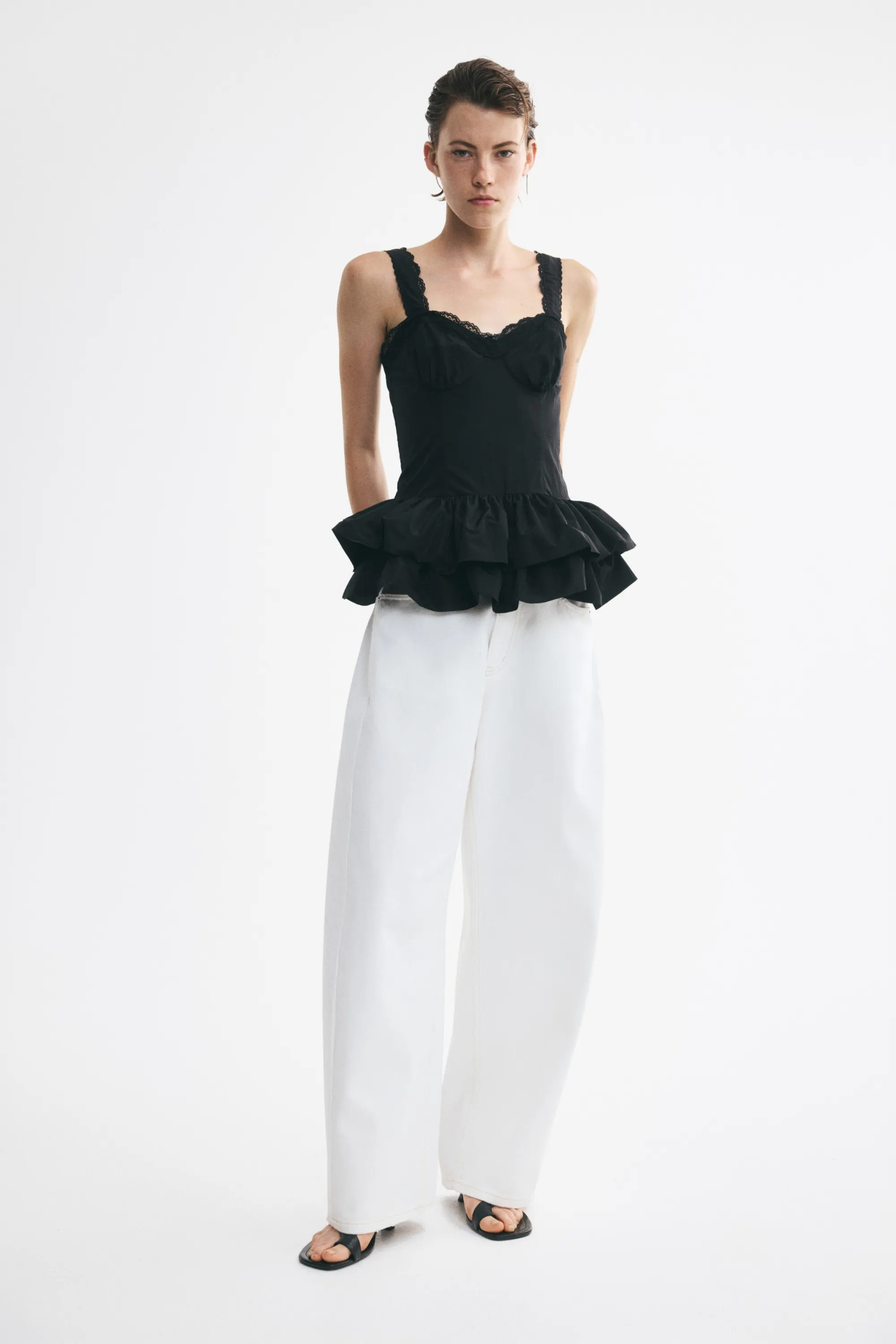 Top en nylon avec dentelle - Noir
