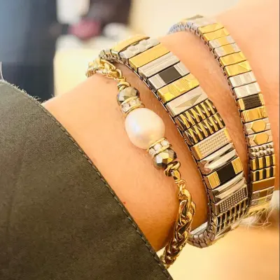 Bracelet Paloma doré perle blanche pyrite - Hanka In — photo 2